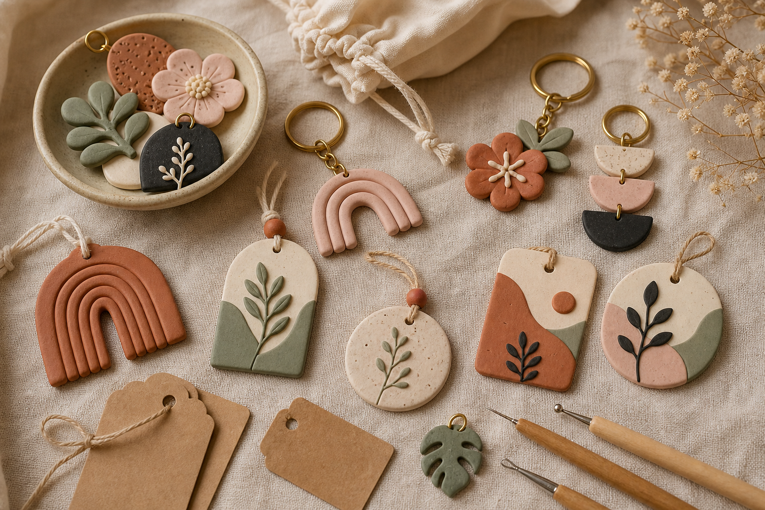 Polymer clay charms, keychains, ornaments, and gift tags